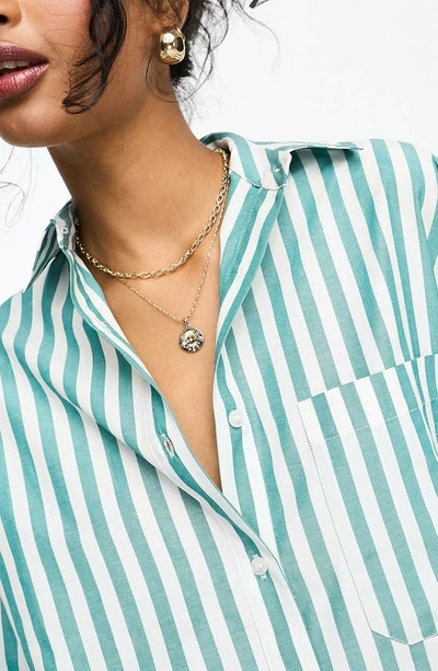 Shop Asos Design Stripe Oxford Button-up Shirt In Green Multi