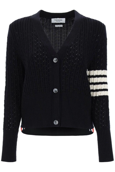 Shop Thom Browne Pointelle Stitch Merino Wool 4-bar Cardigan In Blue