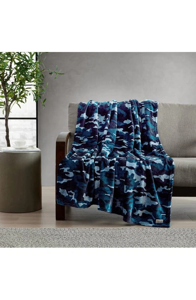 Shop Kenneth Cole Camo Print Faux Shearling Throw In Navy