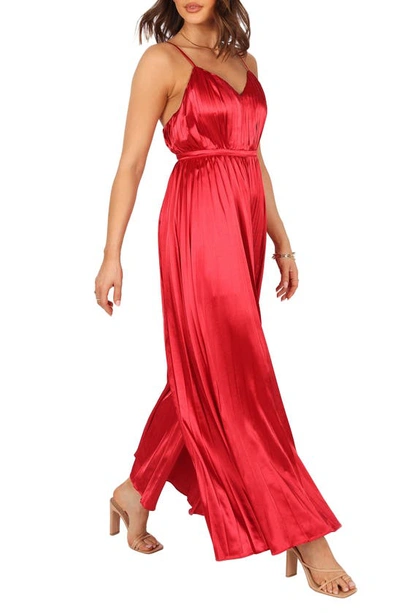 Shop Petal And Pup Eden Pleated Wide Leg Satin Jumpsuit In Red