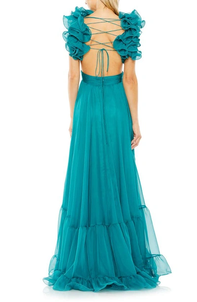 Shop Mac Duggal Rosette Chiffon Cutout Empire Waist Gown In Turquoise