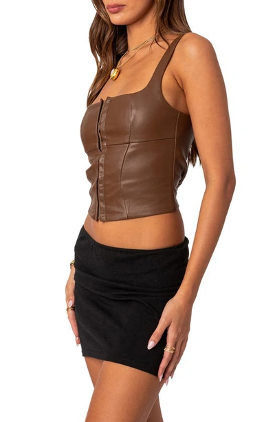 Shop Edikted Simone Faux Leather Corset Top In Brown