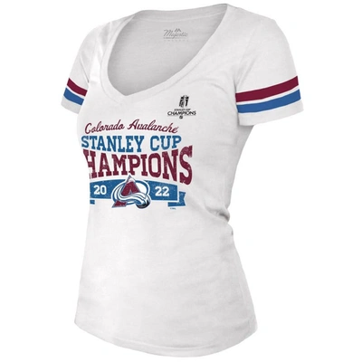 Shop Majestic Threads White Colorado Avalanche 2022 Stanley Cup Champions Striped V-neck T-shirt