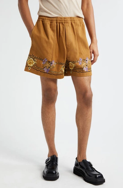 Shop Bode Autumn Royal Embroidered Cotton Shorts In Brown Multi