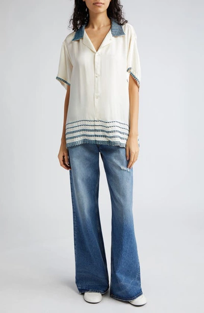 Shop Bode Sellier Embroidered Silk Camp Shirt In Cream Blue