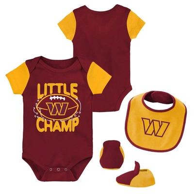Shop Outerstuff Newborn & Infant Burgundy/gold Washington Commanders Little Champ Three-piece Bodysuit Bib & Booties