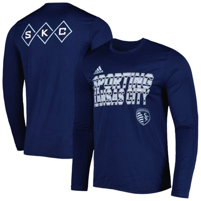 Shop Adidas Originals Adidas Navy Sporting Kansas City Jersey Hook Aeroready Long Sleeve T-shirt