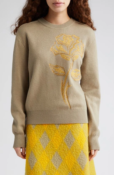 Shop Burberry Rose Embroidered Wool Blend Crewneck Sweater In Limestone