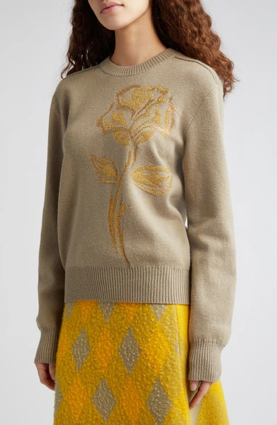 Shop Burberry Rose Embroidered Wool Blend Crewneck Sweater In Limestone