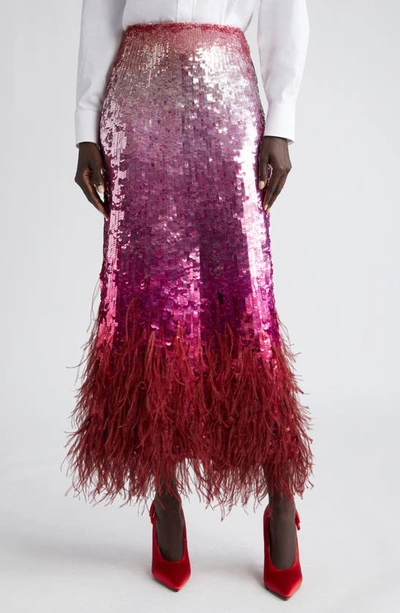 Shop Valentino Gradient Sequin Feather Detail Midi Skirt In Multicolor Rosa