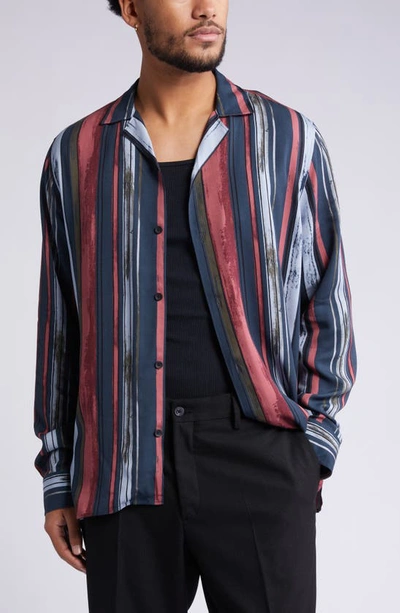 Shop Open Edit Soft Stripe Long Sleeve Button-up Shirt In Navy- Burg Soft Stripe