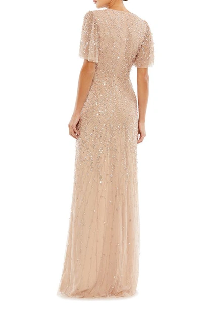 Shop Mac Duggal Beaded Leaves Butterfly Sleeve Gown In Nude