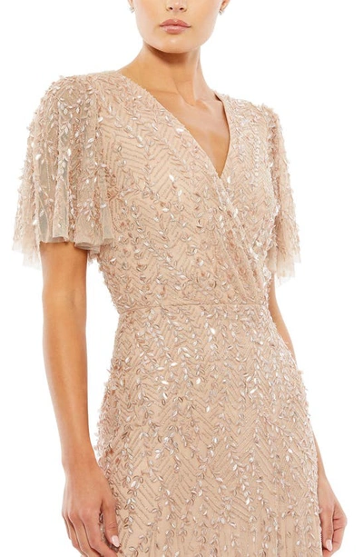 Shop Mac Duggal Beaded Leaves Butterfly Sleeve Gown In Nude