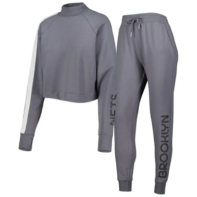 Shop Lusso Charcoal Brooklyn Nets Maddie & Matildas Raglan Tri-blend Pullover Hoodie & Jogger Pants Set
