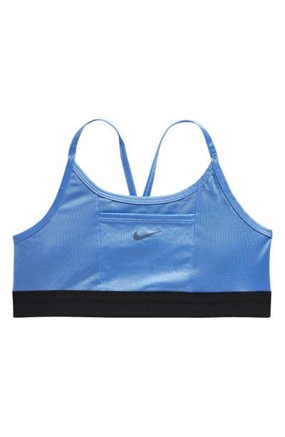 Shop Nike Kids' Dri-fit Indy Metallic Sports Bra In Polar/ Black/ Diffused Blue