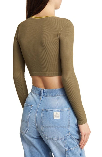 Shop Bdg Urban Outfitters Going For Gold Long Sleeve Rib Crop Top In Khaki