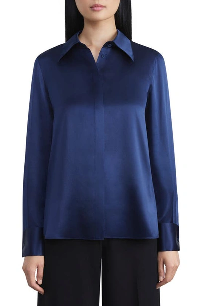 Shop Lafayette 148 French Cuff Silk Button-up Blouse In Midnight Blue