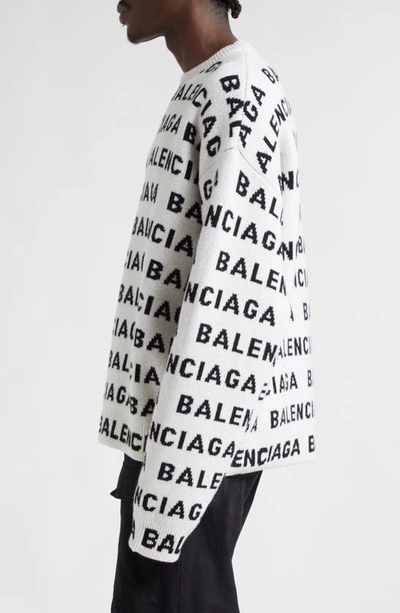 Shop Balenciaga Allover Logo Wool Blend Crewneck Sweater In White/ Black
