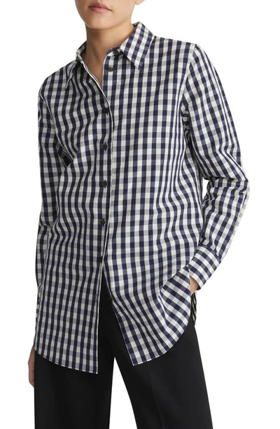 Shop Lafayette 148 Gingham Oversize Long Sleeve Cotton & Linen Shirt In Midnight Blue Multi