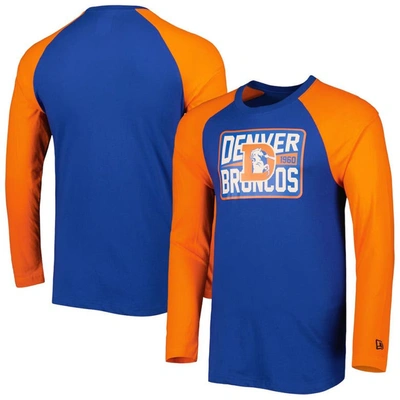 Shop New Era Royal Denver Broncos Throwback Raglan Long Sleeve T-shirt