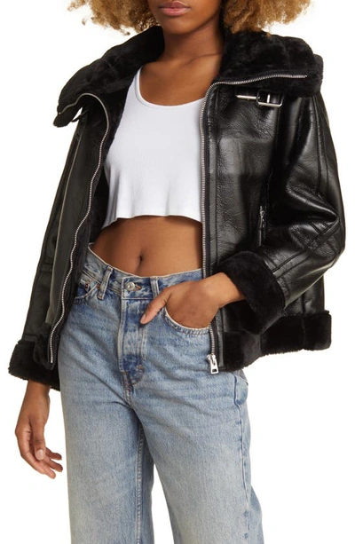 Shop Topshop Faux Leather Aviator Jacket With Faux Fur Trim In Black