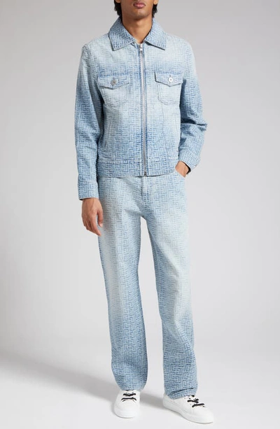 Shop Balmain Jacquard Monogram Zip Front Denim Jacket In 6ff - Blue