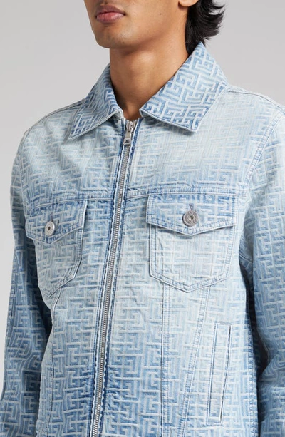 Shop Balmain Jacquard Monogram Zip Front Denim Jacket In 6ff - Blue