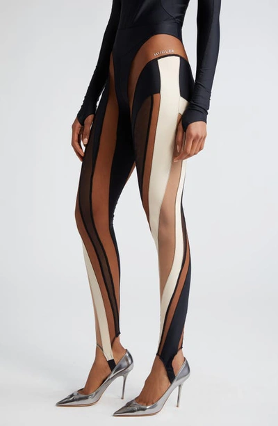 Shop Mugler Multicolor Sheer Spiral Stirrup Leggings In Multi Black/ Beige