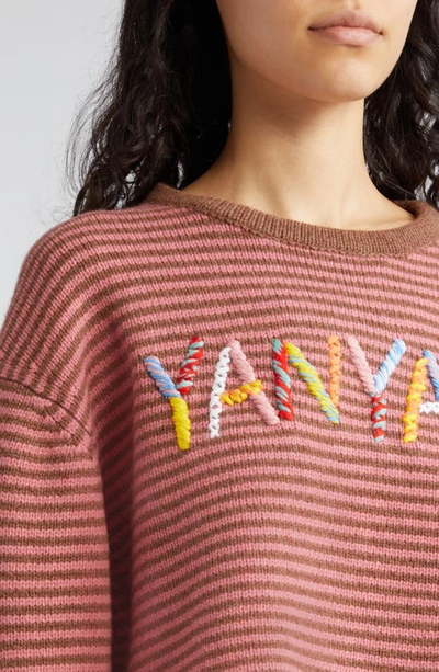 Shop Yanyan Embroidered Logo Stripe Crop Wool Sweater In Rose/ Mink/ Hazelnut