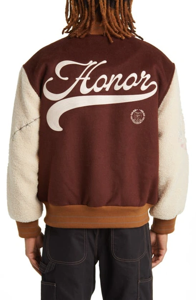 Shop Honor The Gift Letterman Faux Shearling Sleeve Varsity Bomber Jacket In Brown
