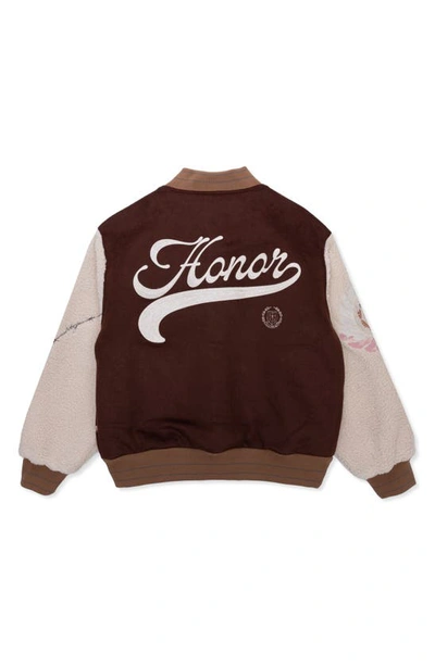 Shop Honor The Gift Letterman Faux Shearling Sleeve Varsity Bomber Jacket In Brown