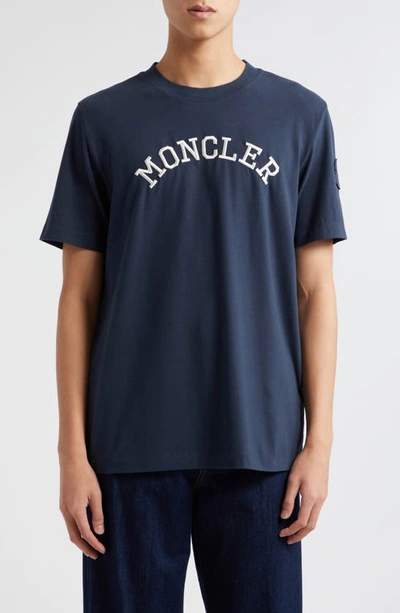 Shop Moncler Embroidered Logo T-shirt In Dark Navy Blue