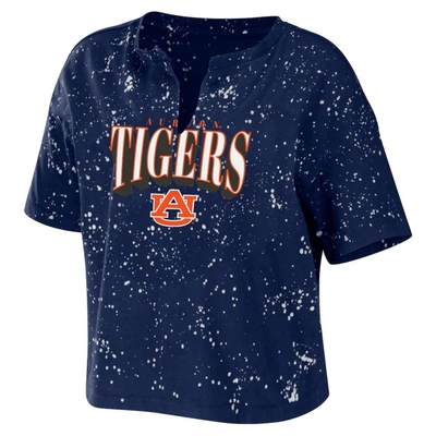 Shop Wear By Erin Andrews Navy Auburn Tigers Bleach Wash Splatter Cropped Notch Neck T-shirt