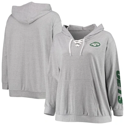 Shop Fanatics Branded Heathered Gray New York Jets Plus Size Lace-up Pullover Hoodie In Heather Gray