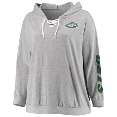 Shop Fanatics Branded Heathered Gray New York Jets Plus Size Lace-up Pullover Hoodie In Heather Gray