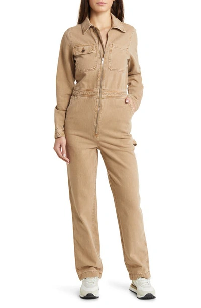 Shop Topshop Long Sleeve Nonstretch Denim Boilersuit In Beige