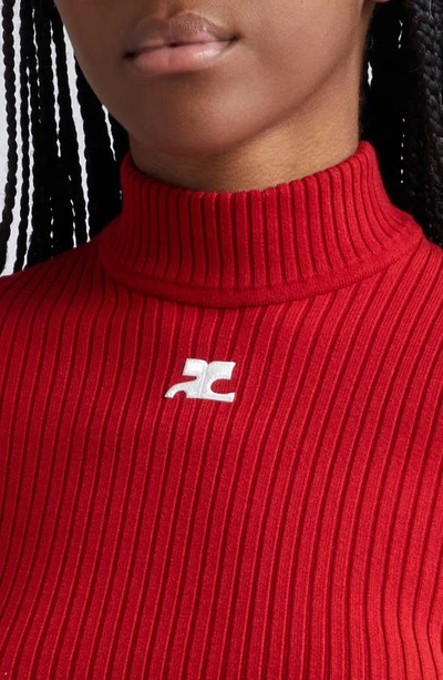 Shop Courrèges Embroidered Logo Mock Neck Rib Sweater In Red