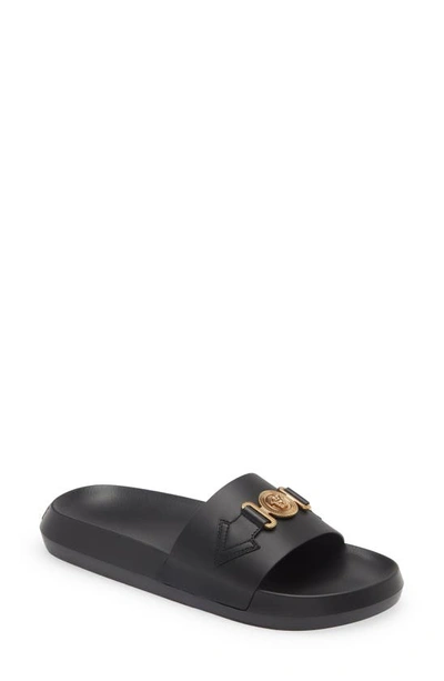 Shop Versace Biggie Medusa Slide Sandal In Black Gold