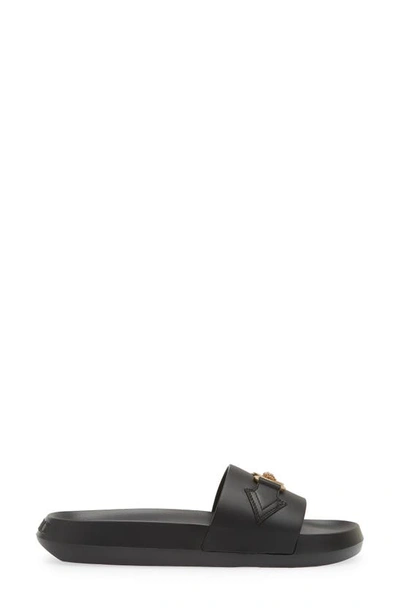 Versace La Medusa Embellished Leather Slides In Black Gold