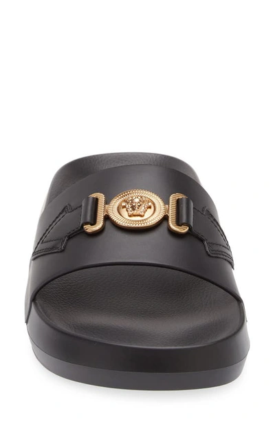 Versace La Medusa Embellished Leather Slides In Black Gold