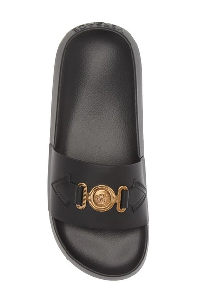 Versace La Medusa Embellished Leather Slides In Black Gold