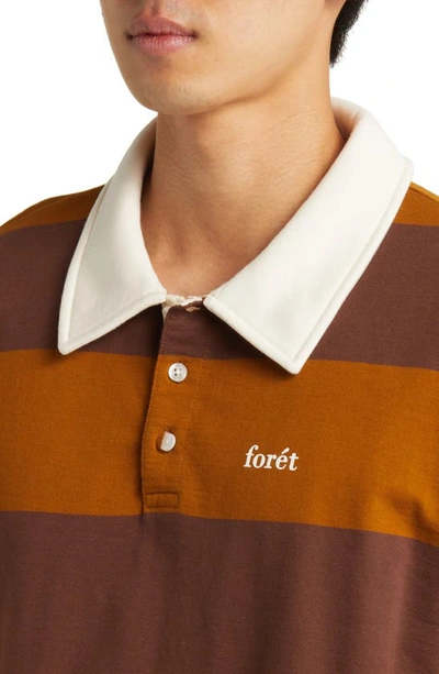 Shop Forét Match Stripe Long Sleeve Organic Cotton Polo Sweatshirt In Brown