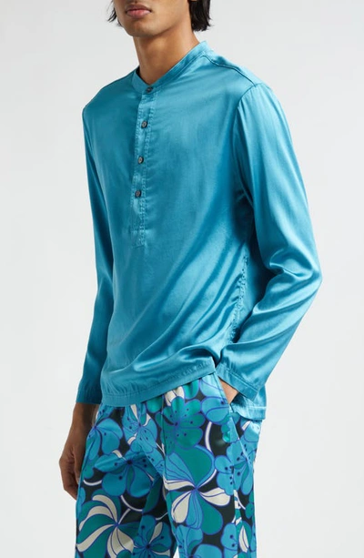 Shop Tom Ford Henley Stretch Silk Pajama Shirt In Aquamarine