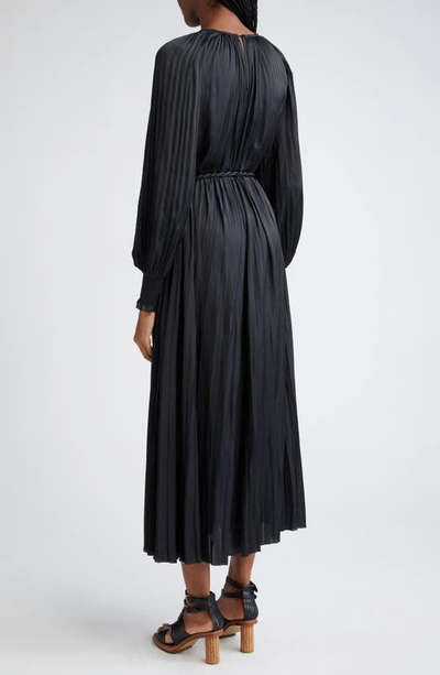 Shop Ulla Johnson Zora Long Sleeve Pleated Satin Maxi Dress In Noir