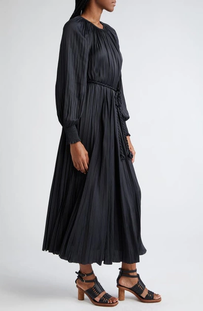 Shop Ulla Johnson Zora Long Sleeve Pleated Satin Maxi Dress In Noir