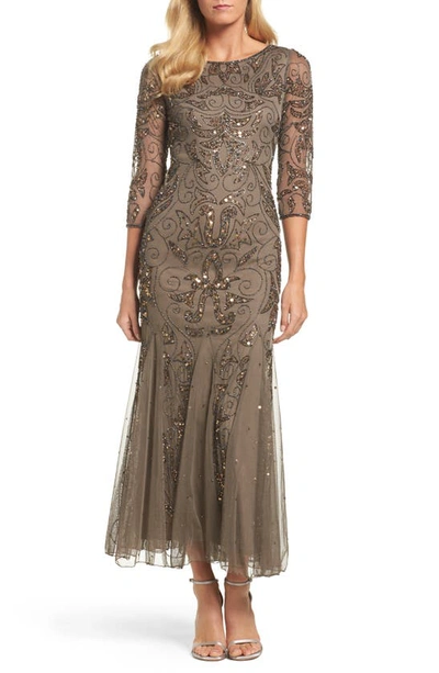 Shop Pisarro Nights Illusion Sleeve Beaded A-line Gown In Mocha