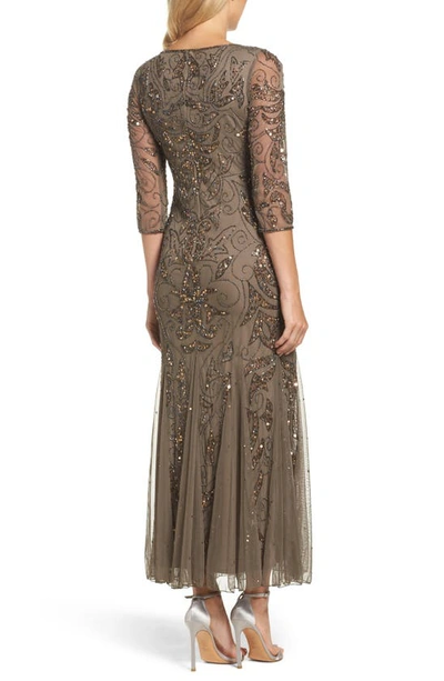 Shop Pisarro Nights Illusion Sleeve Beaded A-line Gown In Mocha