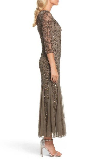 Shop Pisarro Nights Illusion Sleeve Beaded A-line Gown In Mocha