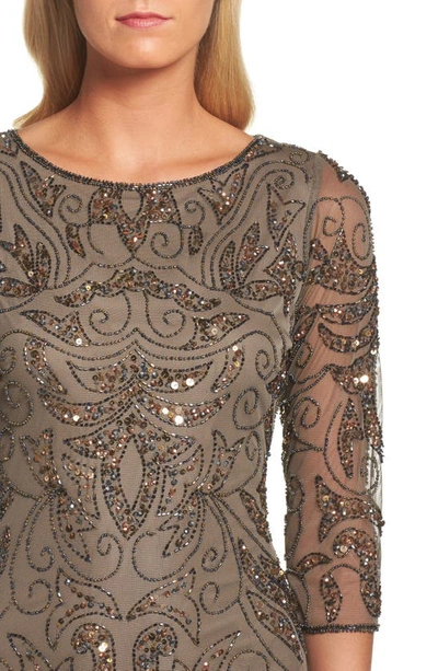 Pisarro Nights Illusion Sleeve Beaded A-line Gown In Mocha