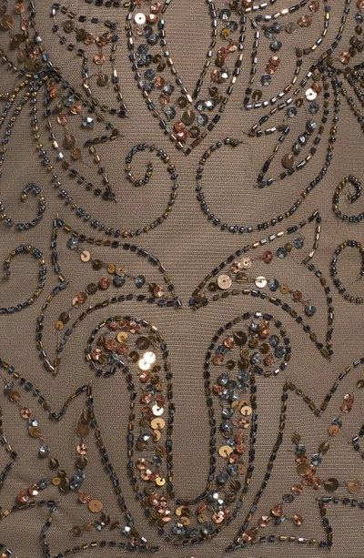 Pisarro Nights Illusion Sleeve Beaded A-line Gown In Mocha